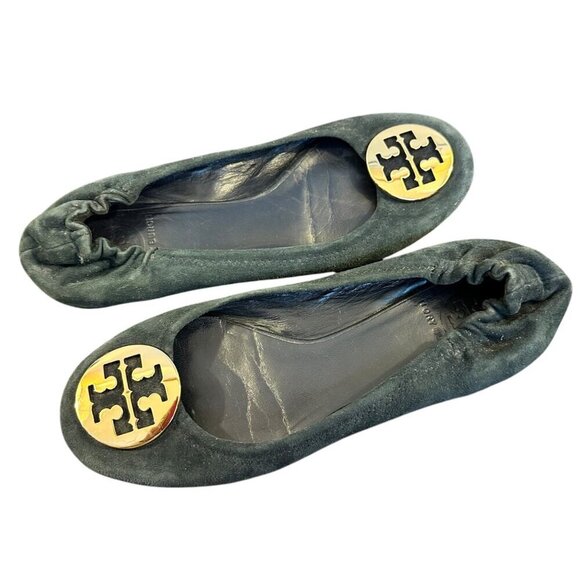 Tory Burch Ballet Flats Reva Women's Navy Suede Gold Logo Medallion Size 7.5 - Picture 2 of 6